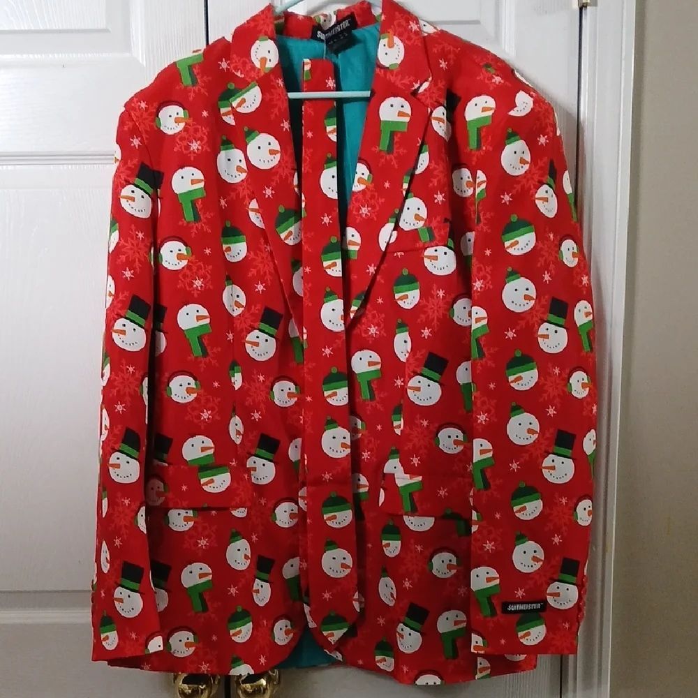 Suitmeister Red Snowman Snowflakes Blazer & Tie Sz XL (46-48) NWOT